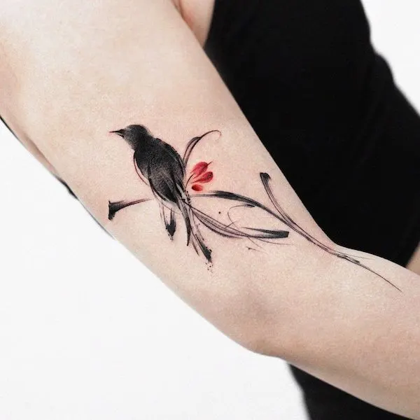 Abstract ink wash style black bird tattoo by @mukyeon_tattoo