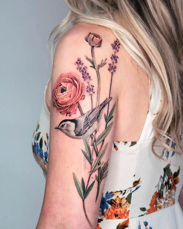 Flowers and bird full sleeve tattoo by @picsola