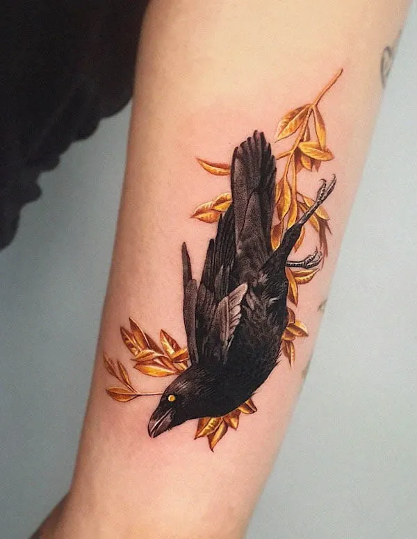 Golden leaves and crow tattoo by @jiro_painter