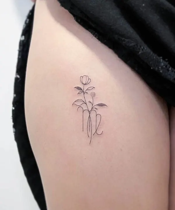 Dainty Virgo thigh tattoo by @brittany_tattoos
