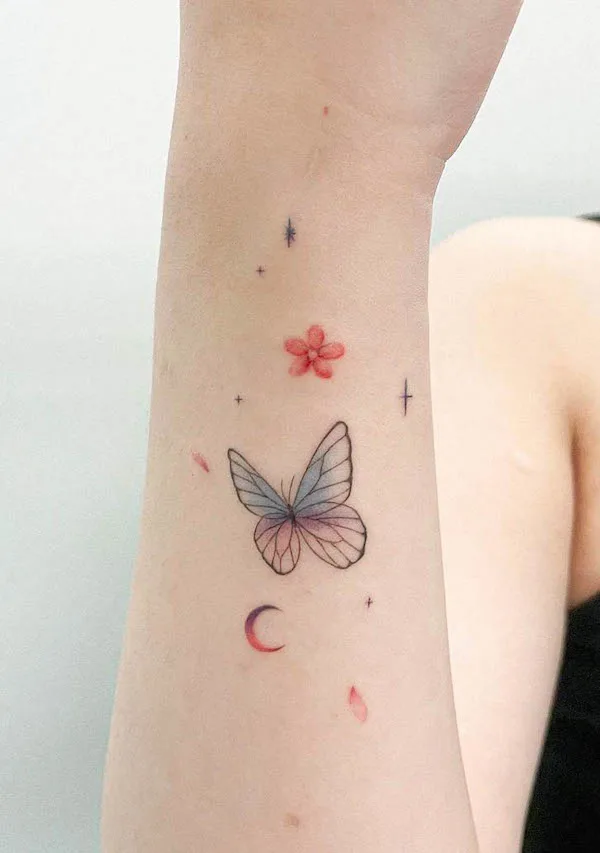 Flower and butterfly watercolor tattoo by @tattoo_olive_u
