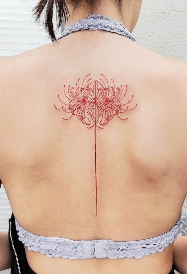 Red spider lily spine tattoo by @janetchunky