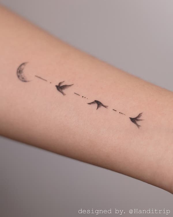 Minimalist black and grey flying bird tattoo by @handitrip