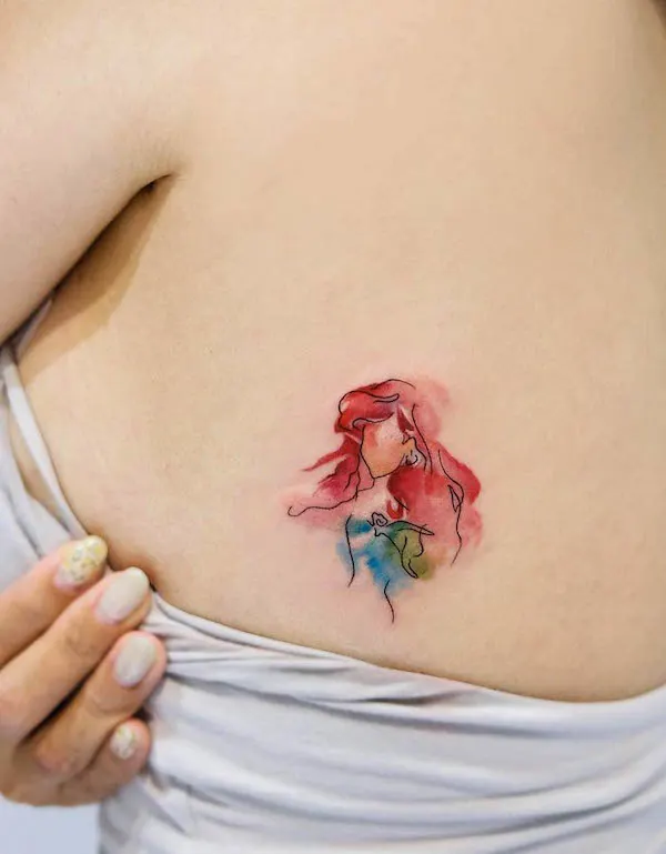 Little Mermaid watercolor back tattoo by @ching_artist