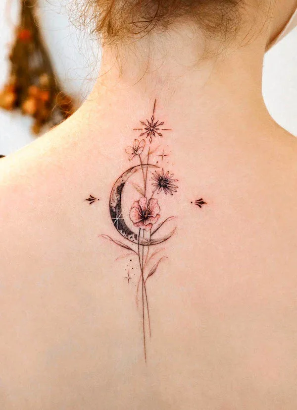 Moon and flower spine tattoo by @tattooist_giho