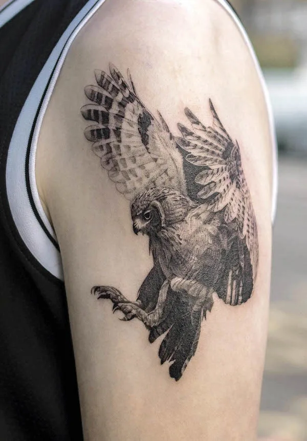 A flying owl sleeve tattoo by @start.your_.line_
