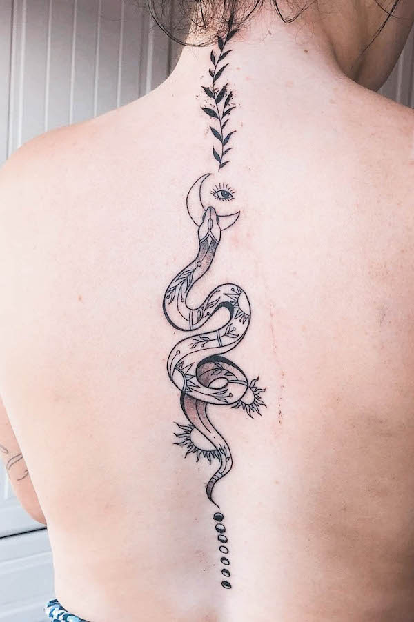 Snake and moon spine tattoo by @andreinkman13