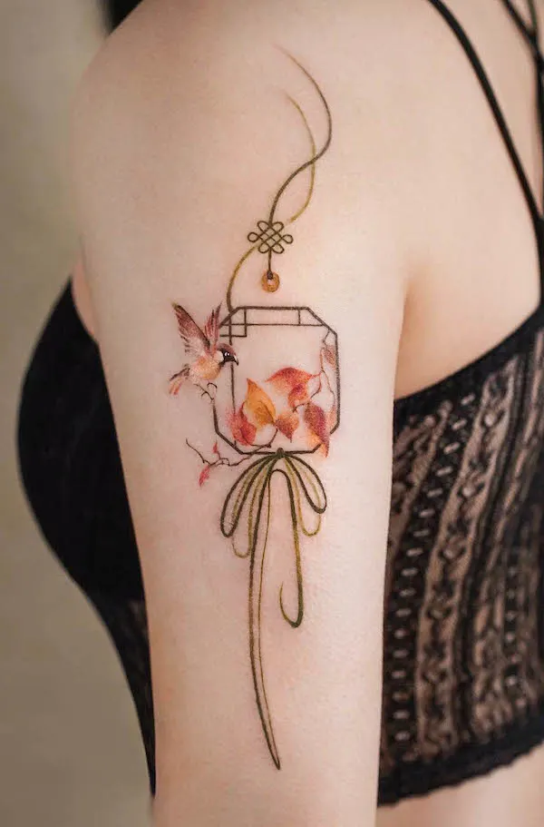Sparrow and Korean norigae tattoo by @leean.ink_