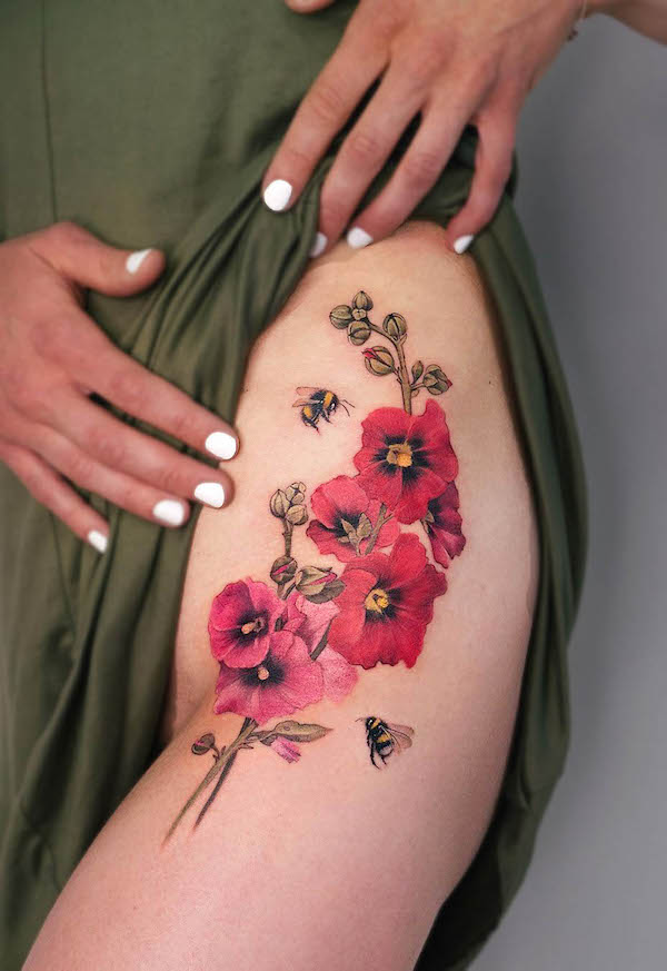 Stunning bee and flowers thigh tattoo by @picsola