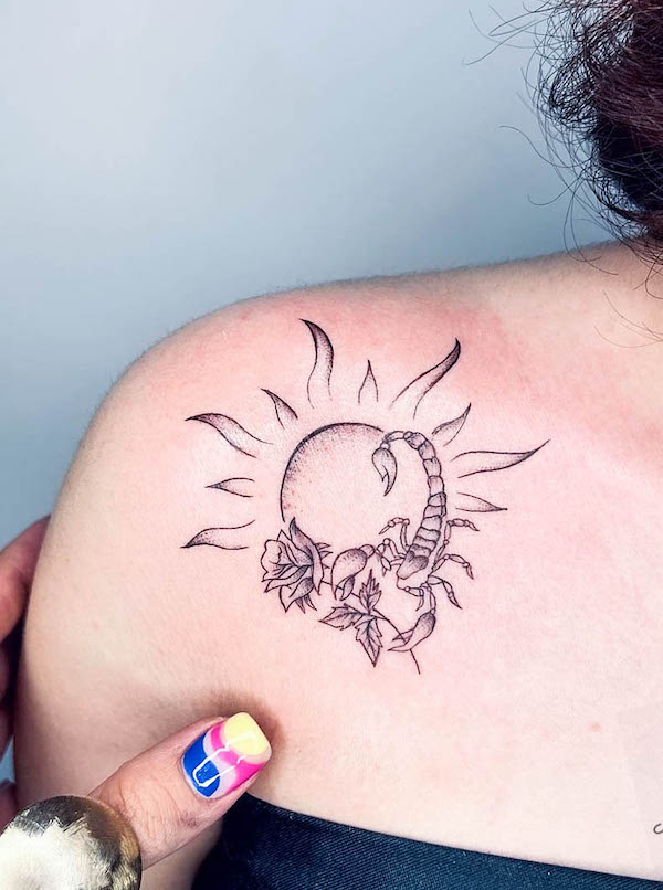Sun and Scorpio shoulder tattoo by @mahssatattoo