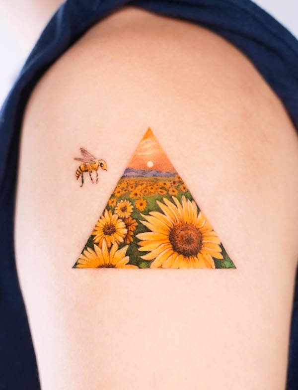 Sunflower and bee tattoo by @ornot_tattoo