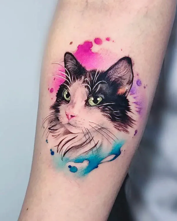 Watercolor cat tattoo by @true.colors.tattoos