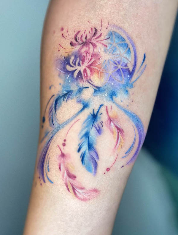 Watercolor dreamcatcher tattoo by @soul_asylum016