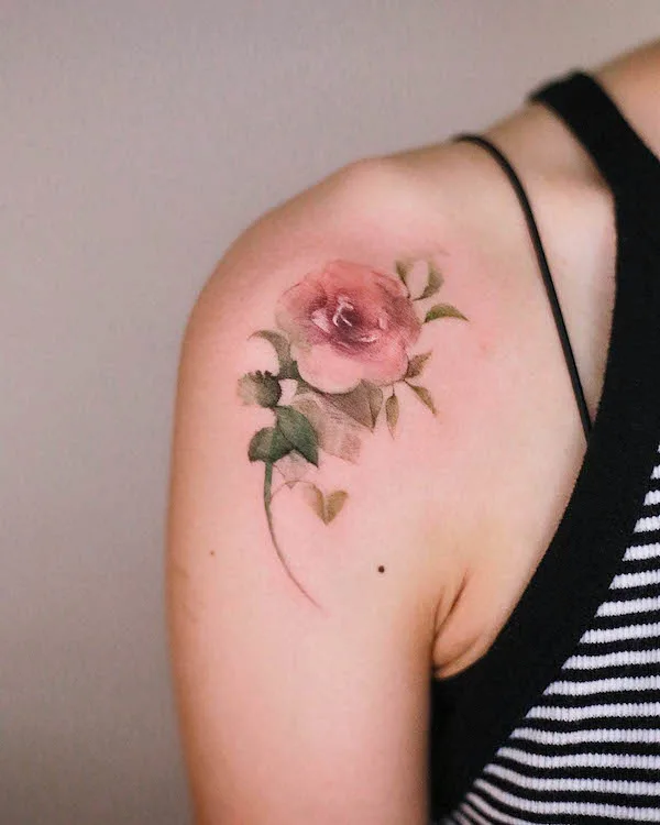 Watercolor rose shoulder tattoo by @narrtats