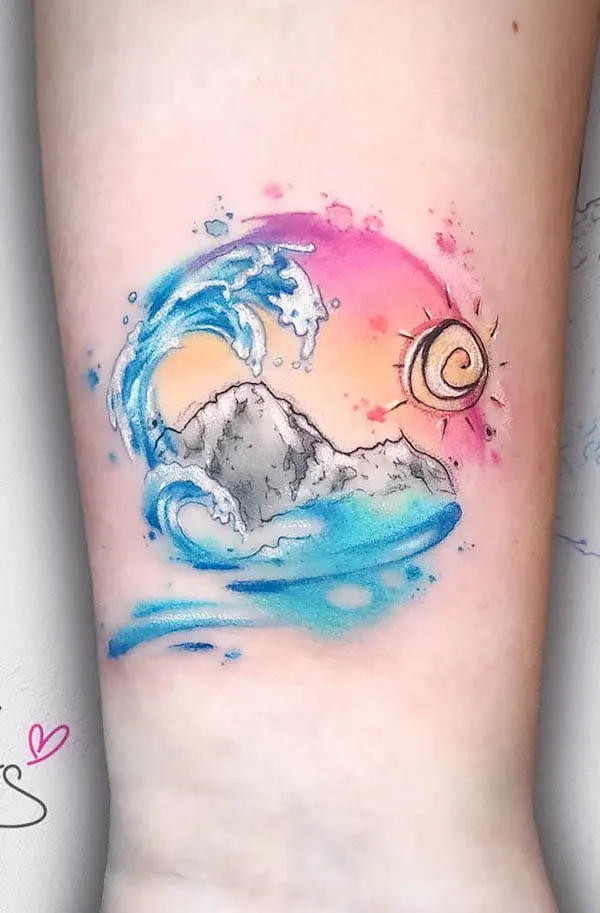 Watercolor mountain and seascape tattoo by @gretamorks