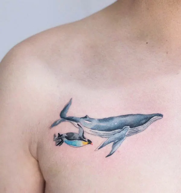 Whale and penguin watercolor tattoo by @ching_artist
