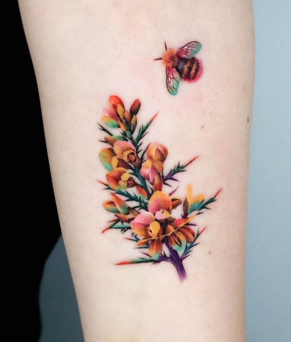 Whimsical flower and bee tattoo by @non_lee_ink
