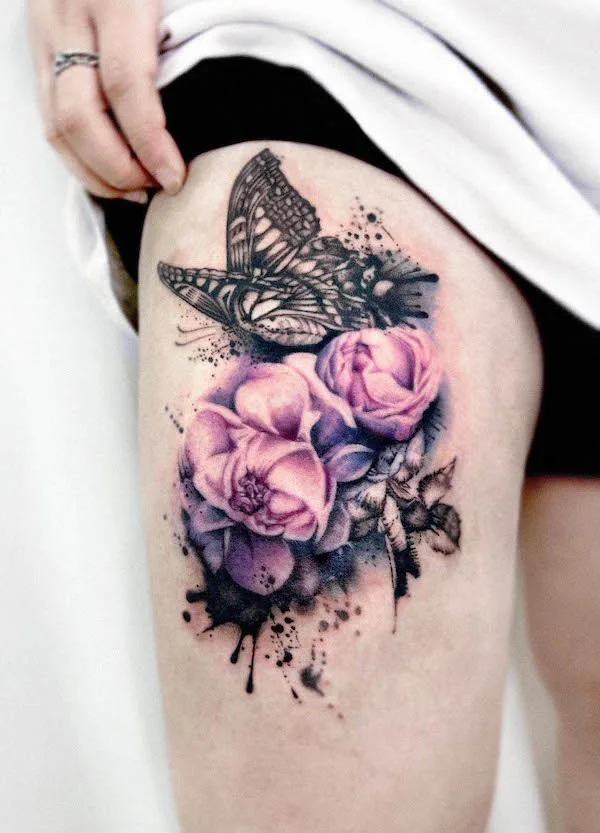 butterfly with flowers tattoos on leg