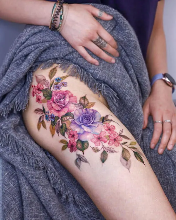 Purple Flowers And Butterfly Thigh Tattoo