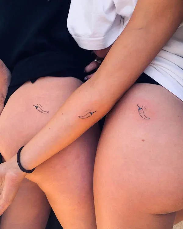 Matching chilies thigh tattoo by @handpoked_humancanvases