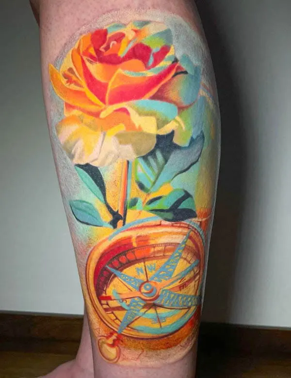 3D rose compass tattoo by @peter_szalay_tattoo