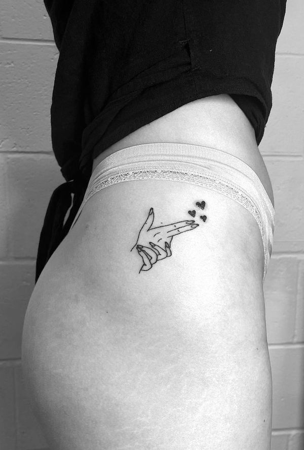 Finger gun hip tattoo by @titsfortatt