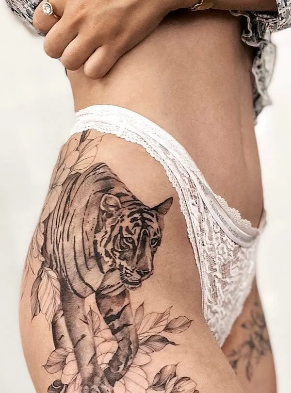 Badass tiger hip tattoo by @tattooist.bejby