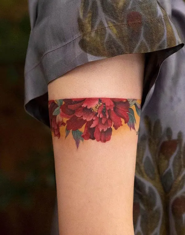 Beautiful red rose armband tattoo by @newtattoo_qiqi