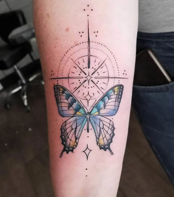 Butterfly and compass tattoo by @sallystattoo