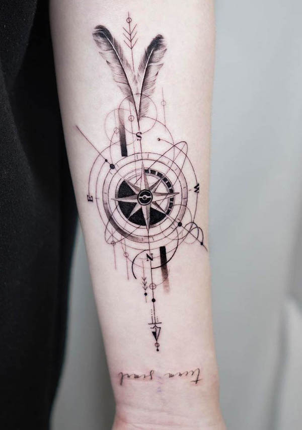 Compass and feather tattoo by @tattooist_bae