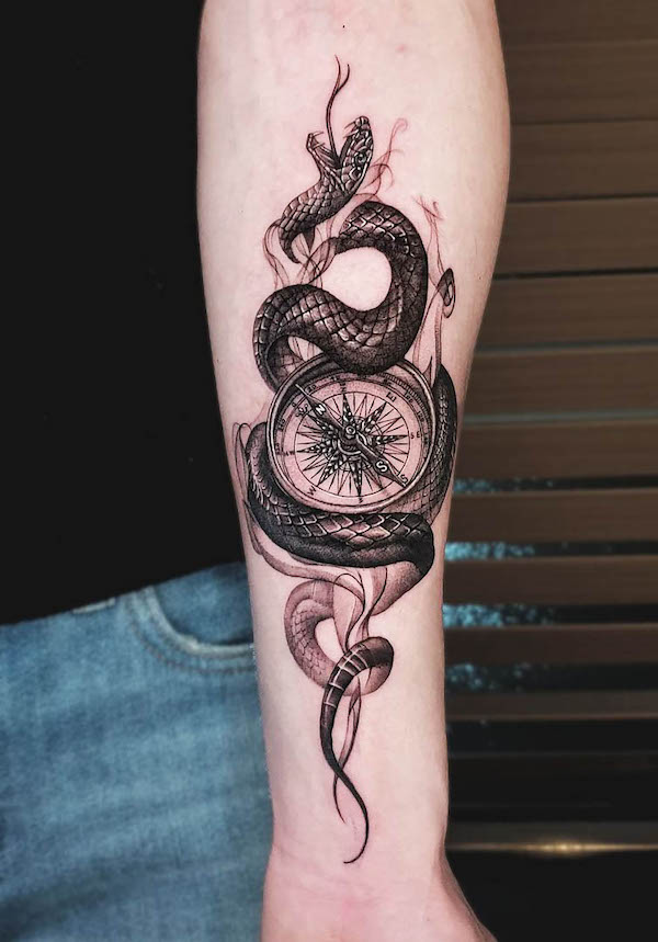 Compass and snake tattoo by @tattooer_jp
