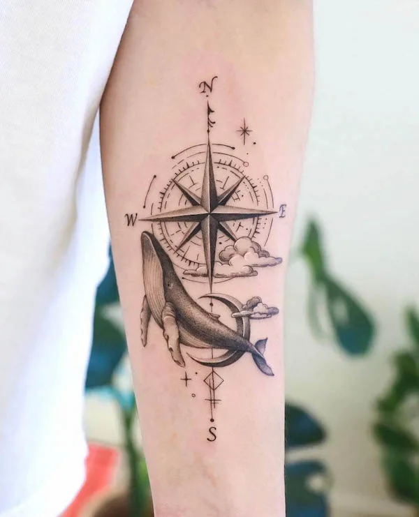 Compass and whale tattoo by @xiso_ink