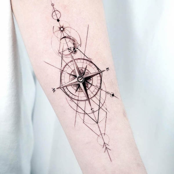 Fine line compass forearm tattoo by @tattooist_bae