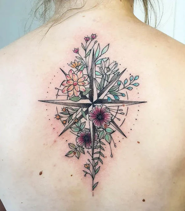 Floral compass tattoo by @stephanie_tomschitz