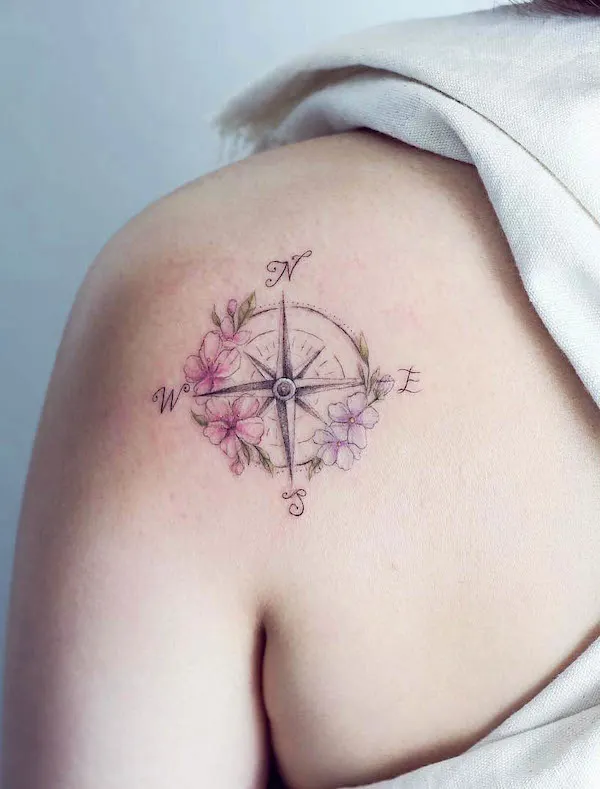 Flowers and compass tattoo by @mini_tattooer
