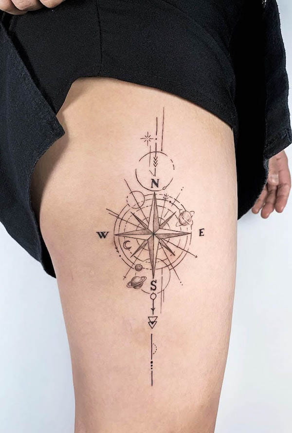 Geometric compass thigh tattoo by @mini_moondal_tt