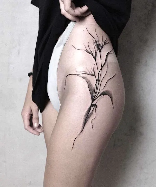 Hip and thigh botanical tattoo by @mikulas___