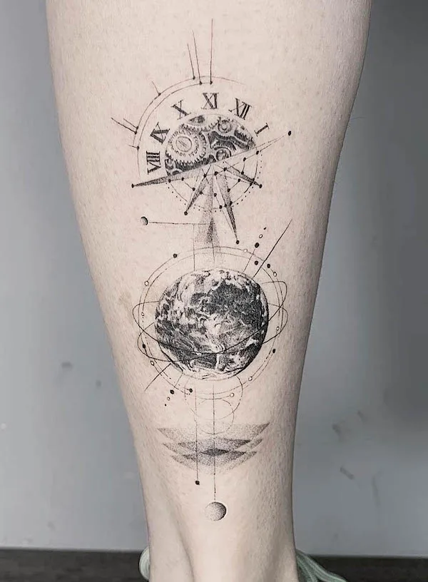 Intricate compass and globe tattoo by @min_tattoo