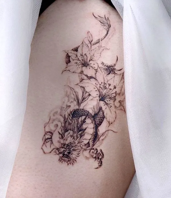 Intricate dragon hip tattoo by @modoink_vivi