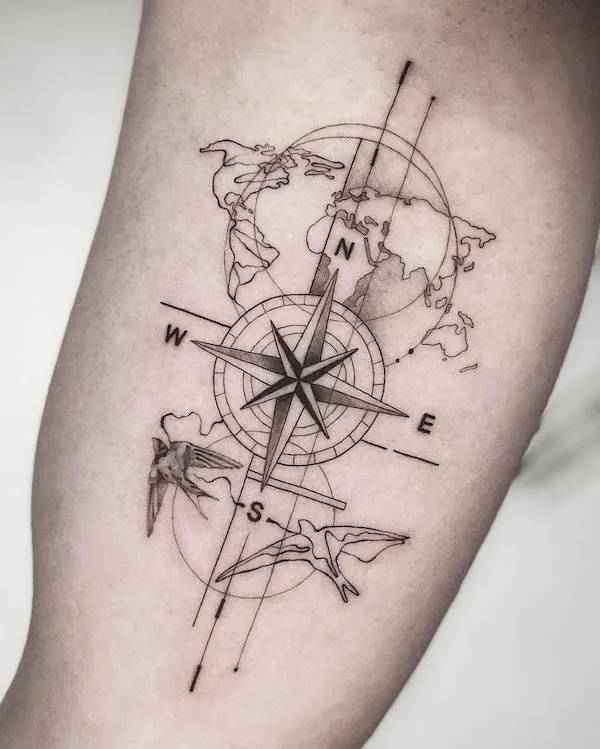 Map and compass tattoo by @takacs_miklos