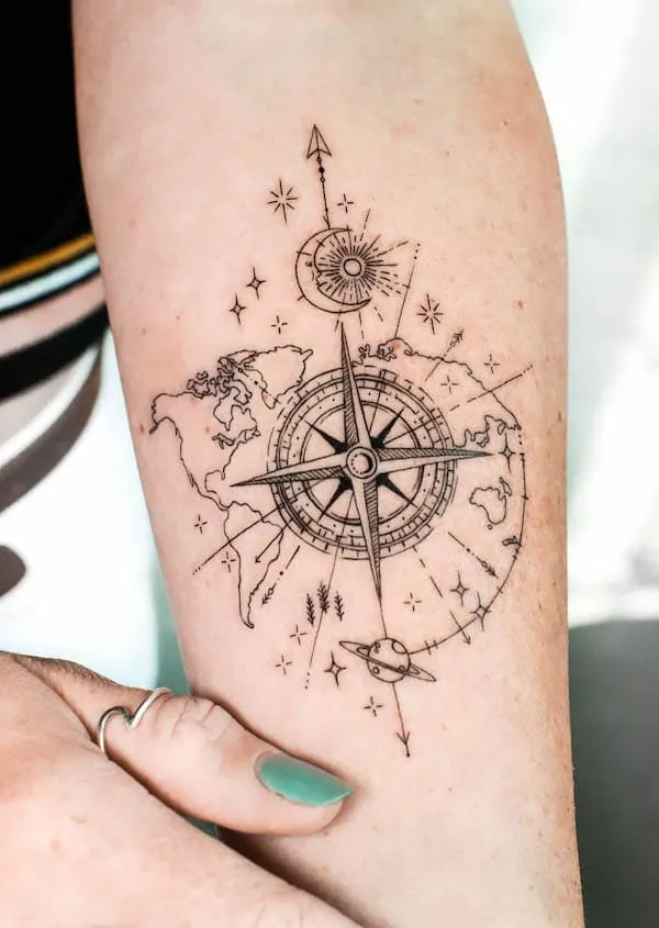 Map and nautical compass tattoo by @firstjing