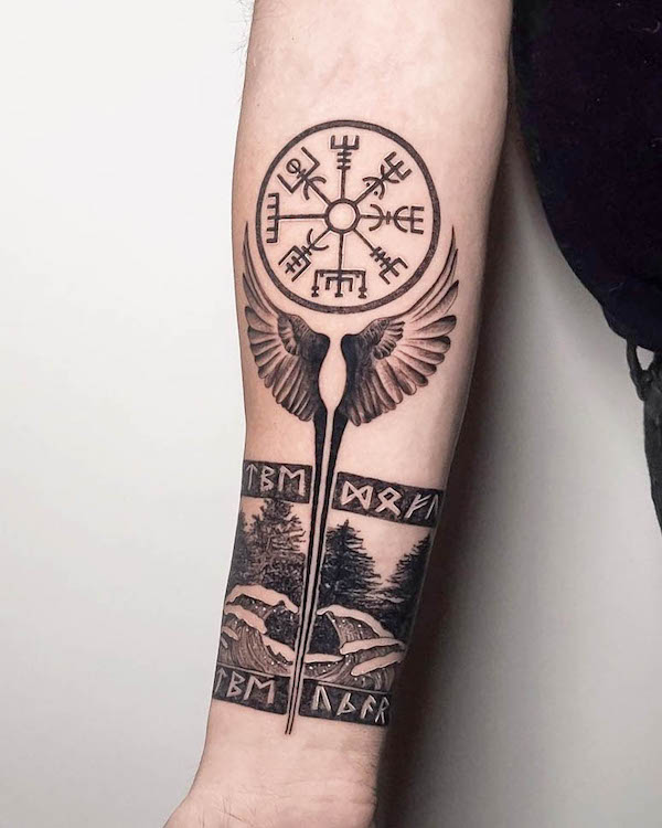 Nordic compass and wings tattoo by @ivanruotolo.ink