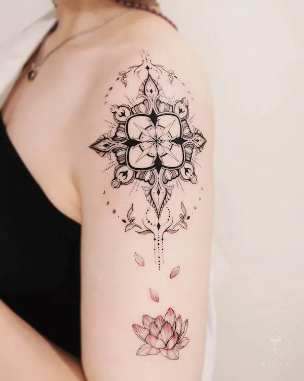 Ornamental mandala compass tattoo by @kissa.tattoo