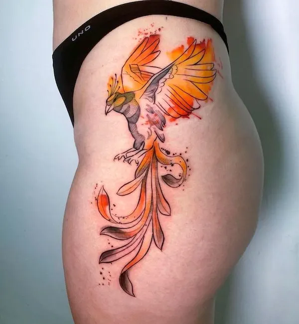 Phoenix hip tattoo by @michal