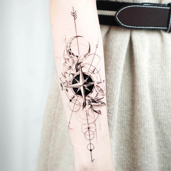 Realism compass tattoo for women by @tattooist_bae