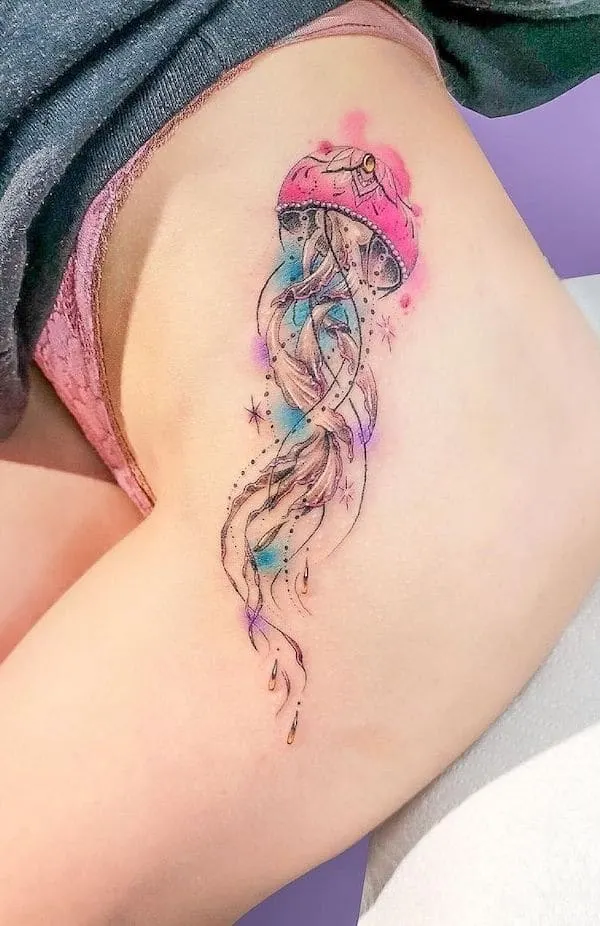 Watercolor jellyfish hip tattoo by @marlena_sweet_hel