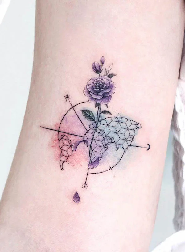 Watercolor rose compass tattoo by @tattooist_greem