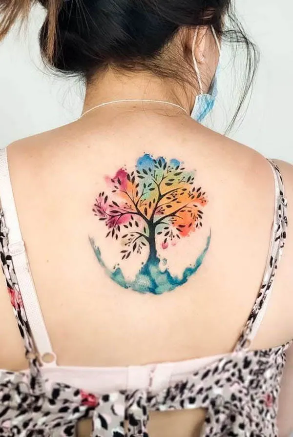 Watercolor Tree Tattoo On Girls Back