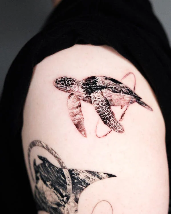 Black realism sea turtle tattoo by @mov.film_.art