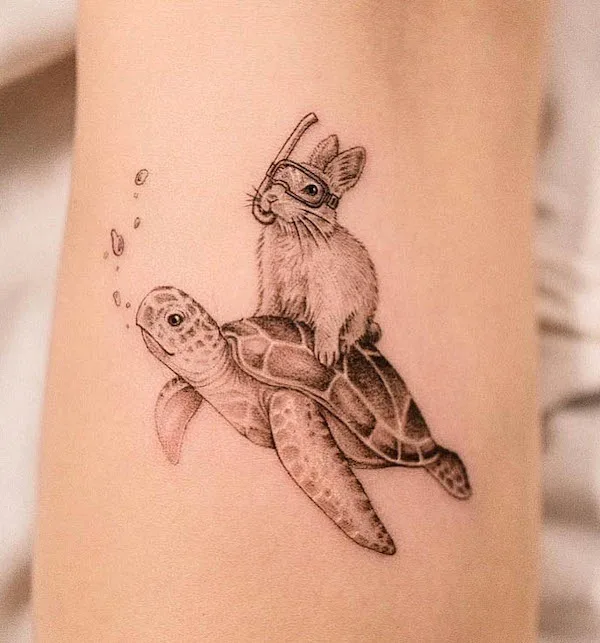 Cute rabbit and turtle tattoo by @dan_tattooer